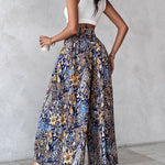 Boho Vintage Floral Print Shirred High Waist Wide Leg Pants
