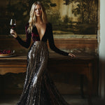 【24-hour shipping out】V-Neck Stylish Elegant Solid Color Velvet Sequined Long Maxi Dress