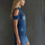 Lapel Collar Zip-up Double-pocket Off-the-shoulder Denim Mini Dress