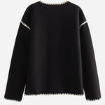 Nadorine Buttoned Crew Neck Loose Color Block Knitted Jacket