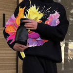 Long Sleeves Loose Flower Print Split-Joint High Neck Sweatshirt Tops