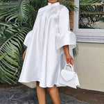 Urban Buttoned Solid Color Stand Collar Flared Sleeve Loose Midi Dress