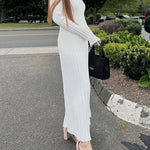 Long Sleeve Dress Crew-Neck Knit Maxi Dress Ribbed Elegant Long High Waist Pleated Dresses