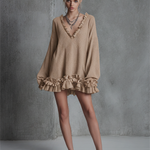 Women's Relaxed-fit Light Brown Cotton-blend V-neck Dress With Subtle Stripes