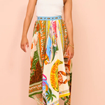 Summer Destination Satin Unique Print Elastic Waist Irregular Hem Maxi Skirt