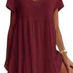 Cotton-Blend V Neck Casual Short Sleeve Weaving Dress