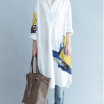 White Asymmetric Printed Split-Side Long Sleeves Shirt Dress