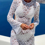 Santorini Sunset Floral Lace Long Sleeve Backless Tie-up Vacation Mini Dress