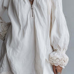 Vintage-style Zip-up Collar Lace-trimmed White Mini Dress