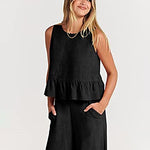 Nadorine 2 Piece Outfits Sleeveless Ruffle Tank Crop Top and Wide Leg Pants Lounge Set with Pockets