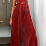 Ruby Solid Color Velvet Pleated Wide Leg Overall