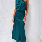 Long Formal Satin Dress Mock Neck High Neck Evening Dress
