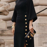 Loose Puff Sleeves Buttoned Split-side Mock Neck Maxi Dresses