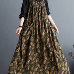 Artistic Retro Ramie Cotton Loose 3 Colors Floral Printed Square-Neck Sleeveless Strap Dress