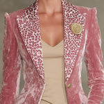 Lapel Contrast Leopard Print Velvet Blazer
