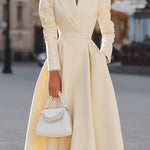 Elegant V-neck Long-sleeved Fitted Waist Midi Dress