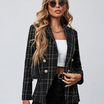 Lapel Single Button Tweed Plaid Blazer Long Sleeve Office Blazer