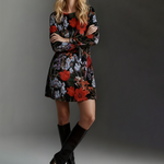 Long Sleeves Contrast Color Flower Print Split-Joint Tied Round-Neck Mini Dresses