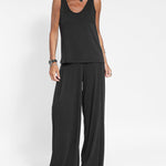 Nadorine Casual Two Pieces Set Sleeveless V neck Vest Tops and Wide Leg Long Pants