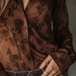 Vintage Rose Pattern Brown Button-Down Shirt