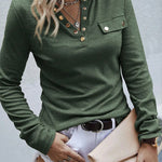 Ribbed Snap Button Henley Long Sleeve Top