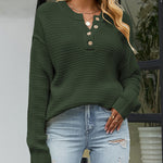 Waffle Knit Long Sleeve Side Slit Button Pullover Jumper Sweater