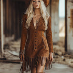 Western Style Tassel Brown Faux Suede Long Seleve Mini Dress