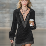 Women's Vintage Faux Suede Embroidered Shirt Collar Long Sleeve Mini Dress
