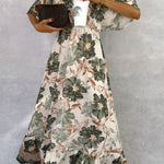 Retro V-neck Printed Short-sleeved Waist-length Maxi Dress