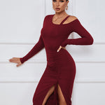 Sexy Drawstring Slit Off Shoulder Long Sleeve Dress