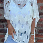 Solid Color Loose-fitting Openwork Casual Knit Top