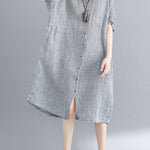 Artistic Retro Loose Split-Joint Plaid Buttoned Stand Collar Half Sleeves Midi Dress