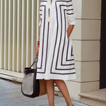Half Sleeves Loose Buttoned Striped Lapel Midi Dresses Shirt Dress