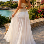 Women's Floral Crochet Two Piece Outfit Tube Top and Drawstring Sheer Maxi Skirt Set with Shorts