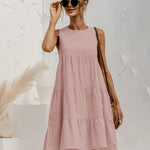 Solid Sleeveless Ruffle Sundress Round Neck A Line Pleated Mini Short T Shirt Dress