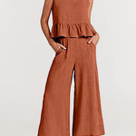 Nadorine 2 Piece Outfits Sleeveless Ruffle Tank Crop Top and Wide Leg Pants Lounge Set with Pockets