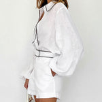 Nadorine Cotton Loose Two Pieces set Lantern Sleeve Casual Loose Shirts High Waist Shorts Outfits