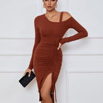 Sexy Drawstring Slit Off Shoulder Long Sleeve Dress