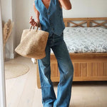 Sleeveless Denim Vest V Neck Button Down Waistcoat Jacket