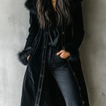 Elegant Tailoring Long Black Velvet Coat With Eco Fur Collar & Cuffs