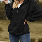 V-Neck Zipper Closure Solid Color Long Loose Hoodie Jacket