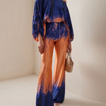 High Waisted Loose Contrast Color Gradient Split-Joint Tie-Dyed Pants Trousers