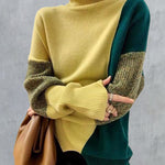 Nadorine Color Stitching Pullover Wool Long Sleeve Loose Turtleneck Knit Sweater