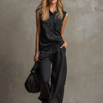 Black Collared Button-down Sleeveless Top And Trousers Set