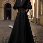 Half Sleeves Loose Belted Solid Color Deep V-Neck Maxi Dresses
