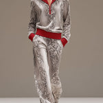 Casual Sporty Retro Snakeskin Gray Velvet Hooded Sweatshirt Wide-Leg Set