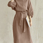 Mid Length High Waist Lace Up Dress Mid Sleeve Cotton Linen Round Neck Dress