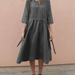 Nadorine Women's Cotton And Linen V-Neck Lace up Pocket 3/4 Length Sleeve Summer Dresses