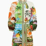 Summer Sophistication Linen Blend Unique Print Belted Pocket Shirt Mini Dress