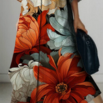 Long Sleeves Loose Flower Print Lapel Maxi Dresses Shirt Dress